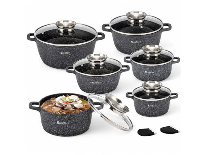 EliteHoff Kochtopf Set Induktion, Topf aus Aluminiumguss mit Antihaftbeschichtung, Topfset mit Glasdeckel für alle Herdarten inkl. Induktion, Gas, Elektro, Halogen, Keramik (Schwarz, 12-teilig)