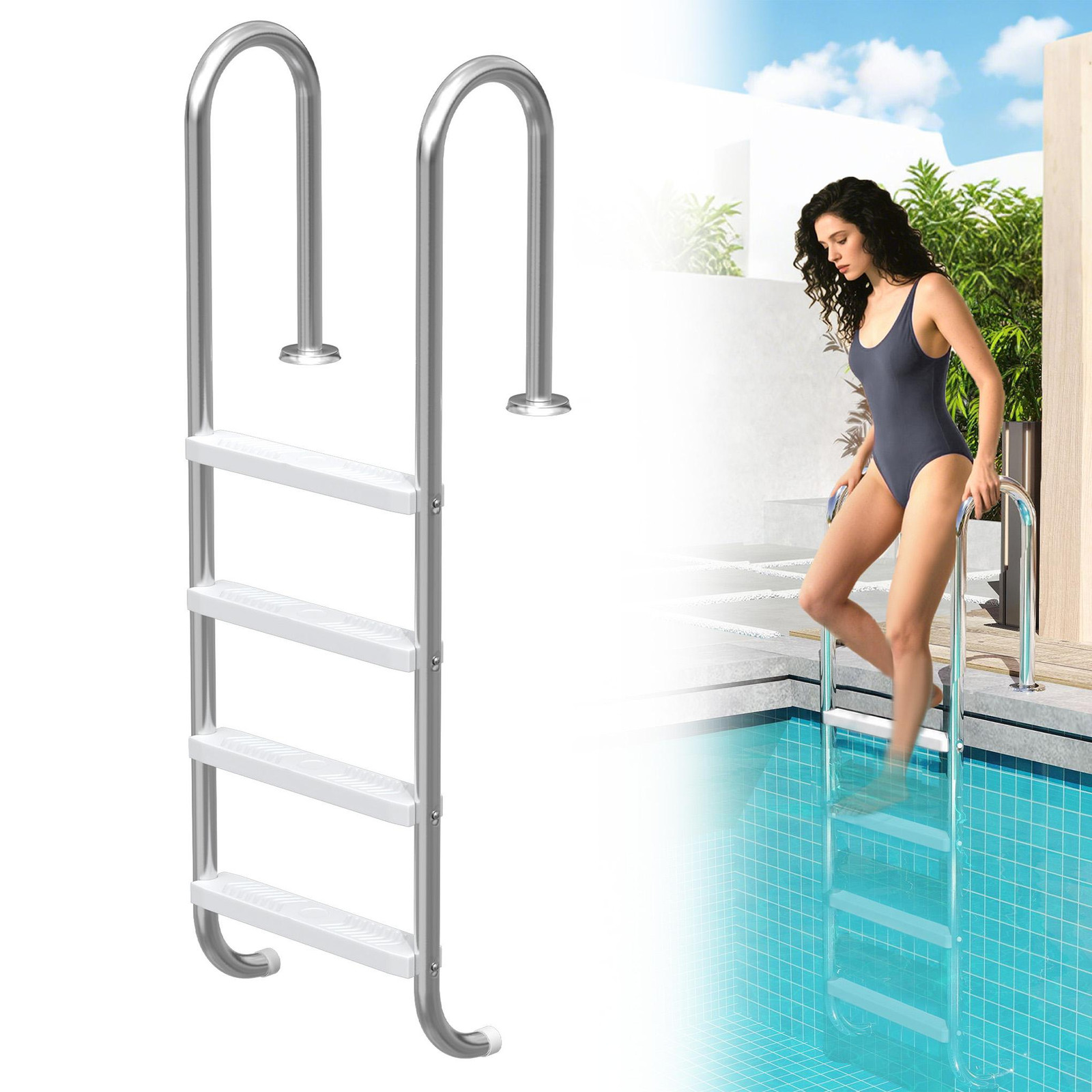 LZQ RVS zwembadtrap met 4 treden, 157 cm, zilverkleurig, met antislip oppervlak