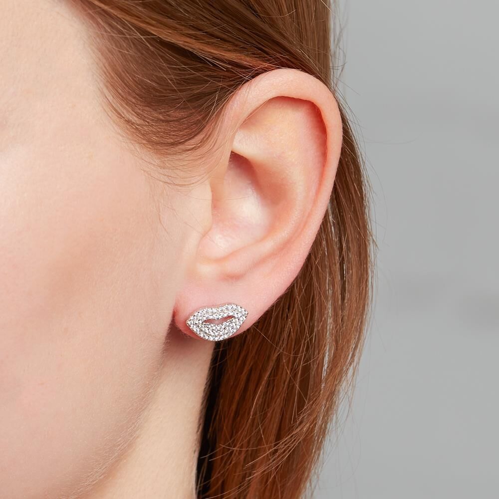 Unique Ohrstecker Kussmund 925er silber Zirkonia Lippen silber