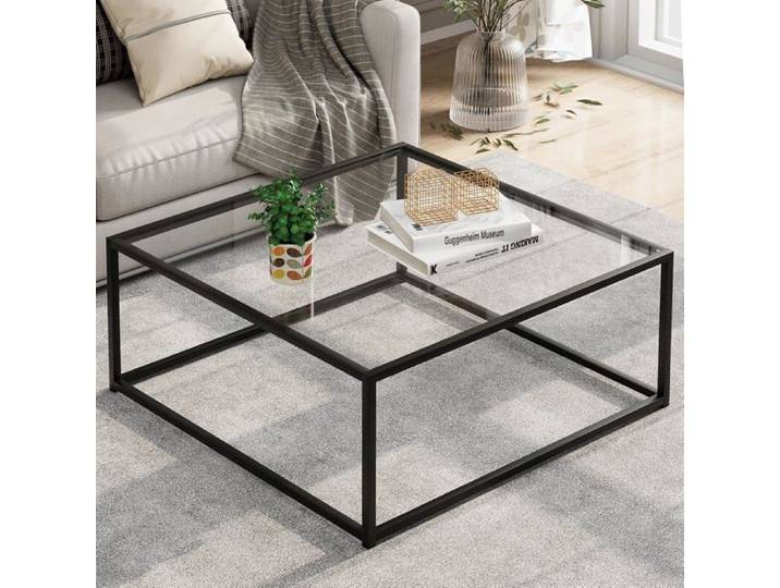 Table Basse Carrée En Verre Noir-Table D'Appoint Pour Salon Bureau-Structure En Métal-67x67x40 Cm