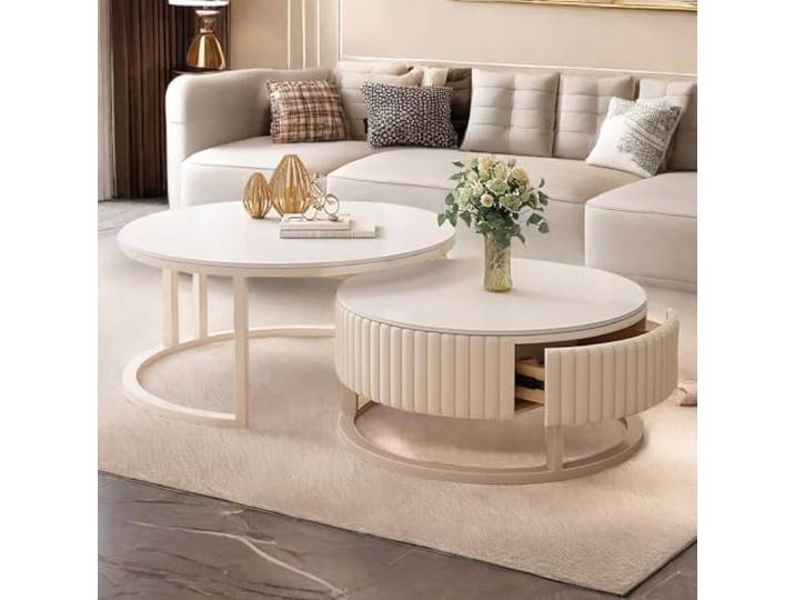 HRXQ Couchtisch 2er Set Rund WeiB Wohnzimmertisch Rund Mit Stauraum, 50cm+70cm Einfache Nested Beistelltisch Sofatisch Für Schlafzimmer Wohnzimmer