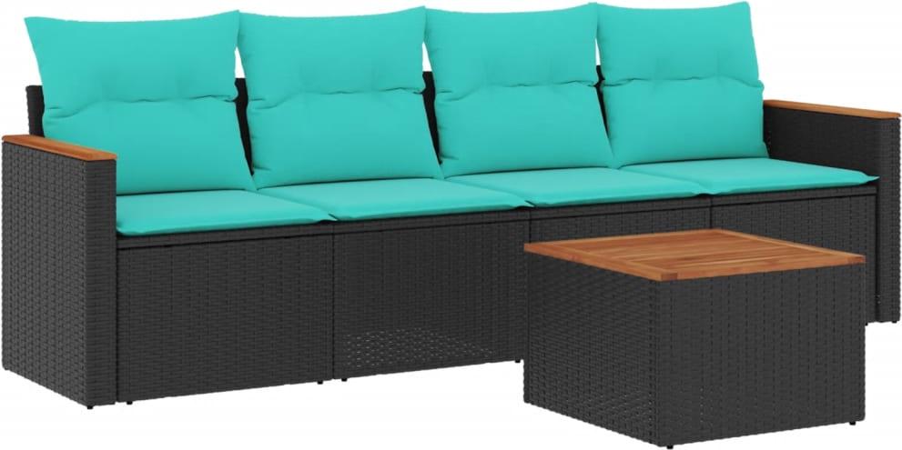 5-teiliges Gartensofa-Set mit Kissen, schwarzes Polyrattan