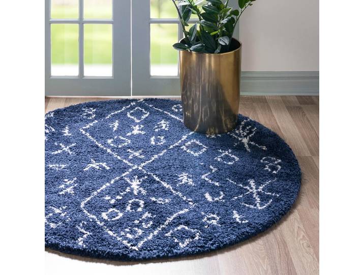 Hochflor-Teppich Temara Shag, LAGERRÄUMUNG , blau (marineblau, elfenbeinfarben), H:51mm Ø:152cm, Polypropylen (PP), MYFLAIR MÖBEL & ACCESSOIRES, Teppiche, Hochflor-Teppich, gewebt, Scandi Design, ideal im Wohnzimmer & Schlafzimmer