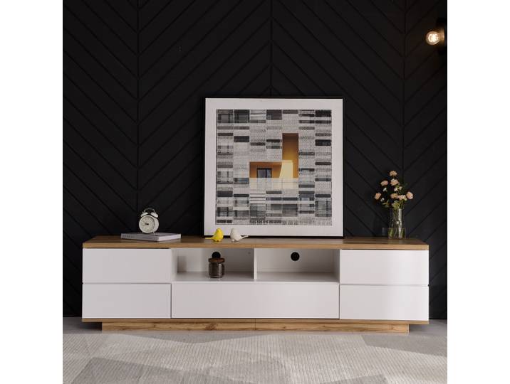 Meuble TV moderne PINGGO 180CM avec blocs de couleur et sculpture sur bois, blanc