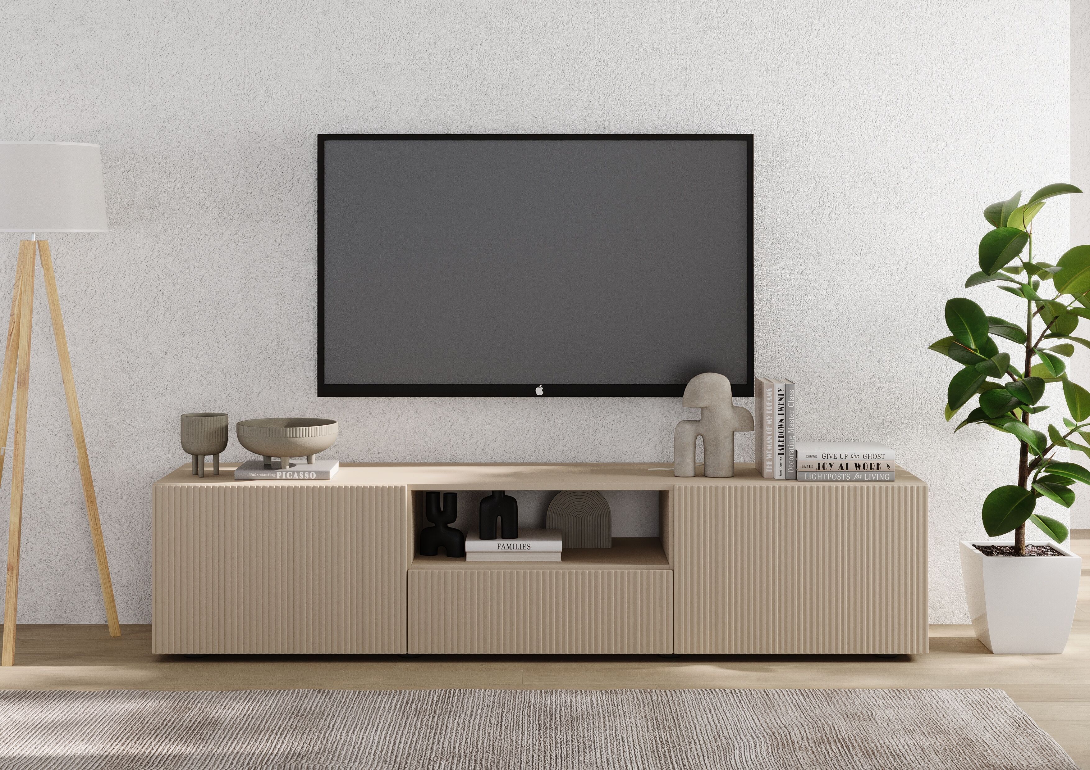 Lowboard HOME AFFAIRE "Rio Breite 181 cm, TV-Board 2 Türen u. 1 Schubkasten, TV-Schrank", beige (cashmere, front mit geriffelter struktur), B:181cm H:42cm T:42cm, Sideboards, Lowboard, geriffelte MDF-Fronten, modern u. elegant, Kabelführung, viel Stauraum