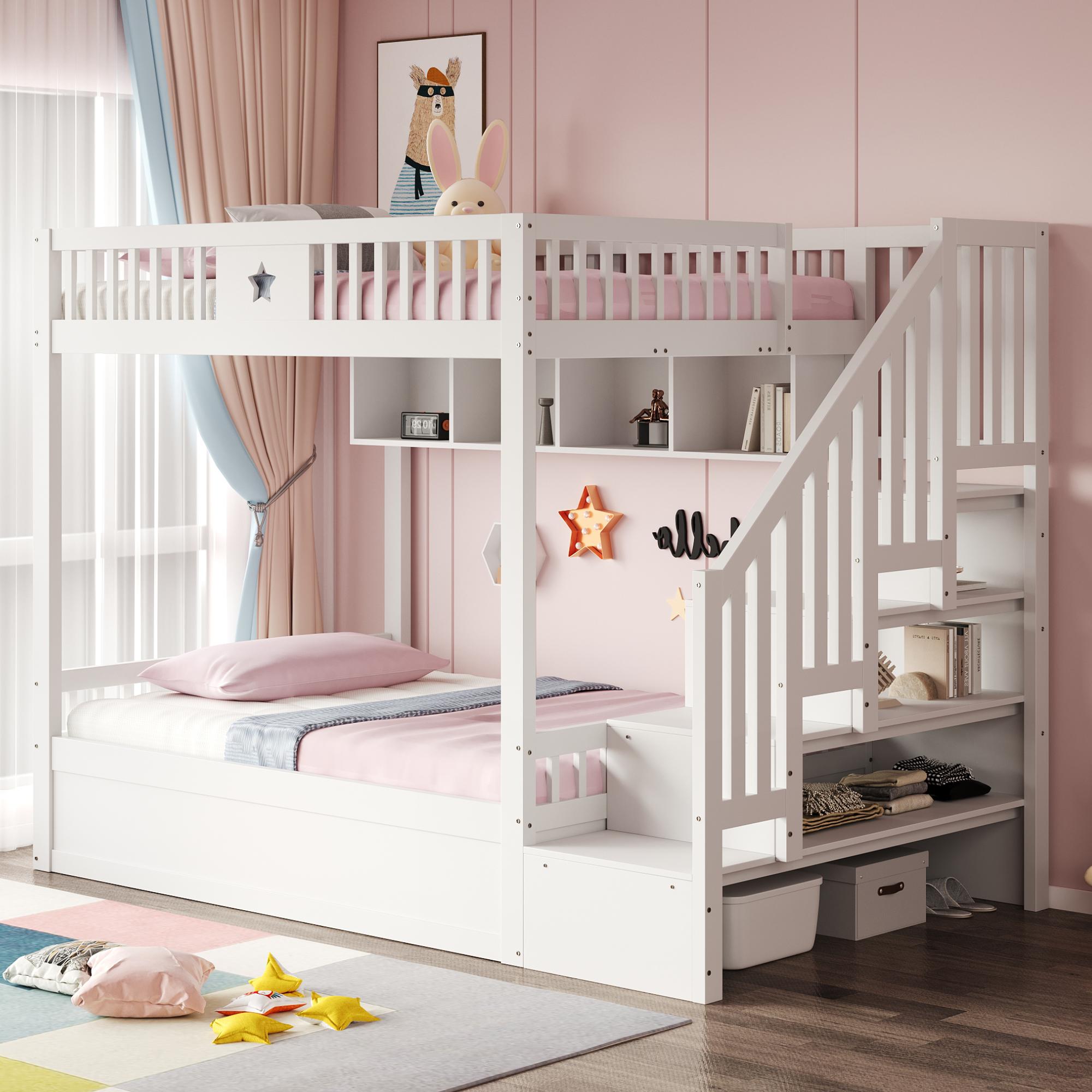 STILVORA Hochbett 140x200 cm mit hydraulischem Stauraum & Treppe, Holzbett mit Regalen & Sicherheitsgeländer, Etagenbett Jugendbett platzsparend für Schlafzimmer und Kinderzimmer, Weiß