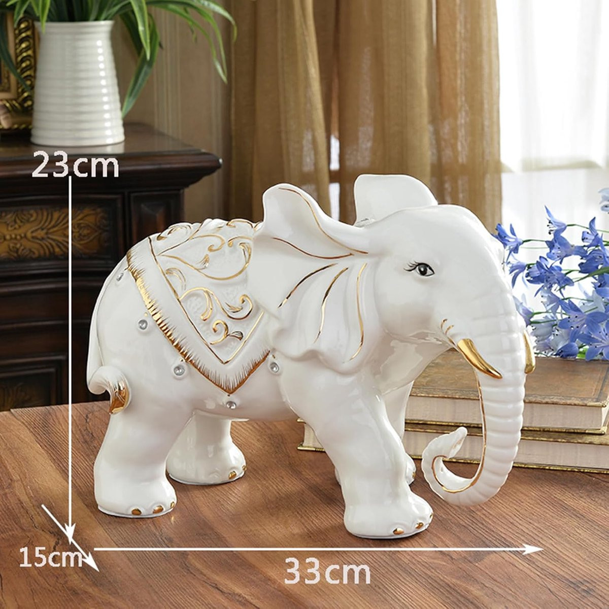 Olifant sculptuur - Keramiek beeld - Woonkamer decoratie - Wit zwart
