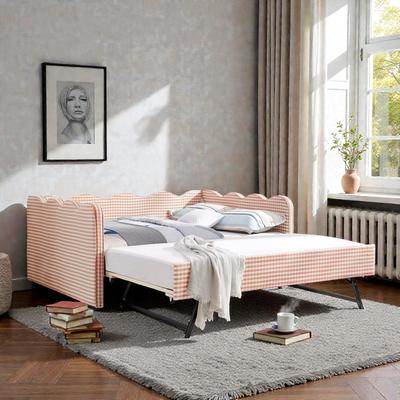 Fundinbaths Full Size Gingham Daybed with Twin Trundle, Linen Sofa Bed with USB Port and Wave Shaped Design