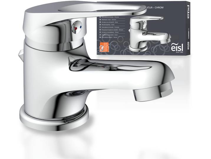 Waschtischarmatur EISL SPEED , silber (chrom), B:5cm H:10cm T:13cm, Messing, Armaturen, Waschtischarmatur, auswechselbare 35mm Keramik-Kartusche, Kunststoff-Ablaufgarnitur