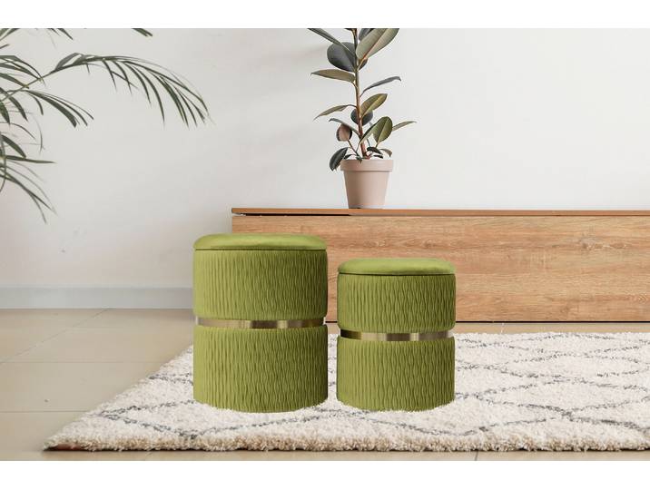 Sitzhocker KAYOOM Hocker Milas 2er-Set, Praktischer und versteckter Stauraum , grün (pistachio, grün), B:31,5cm H:38cm T:36cm, Korpus: MDF / Bezug: 100% Polyester (Samt) / Sockel: Edelstahl, Hocker, Sitzhocker, stapelbar, mit Stauraum, Edelstahlsockel, Farbenfroh unaufdringlich