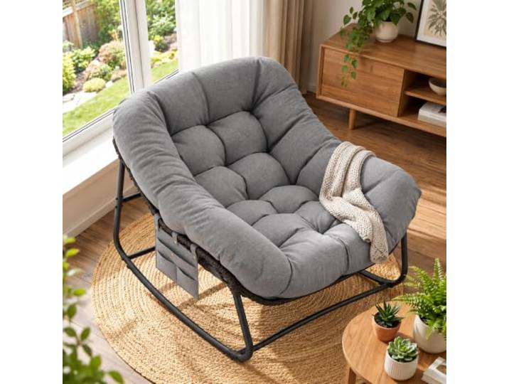 Qiyasjew Schaukelstuhl Outdoor,Schaukelsessel Abnehmbares Sitzkissen Abnehmbares Sitzkissen Bis 150 Kg Belastbar,Geeignet für Terrassen, Wohnzimmer, Schlafzimmer, Balkone und Gärten (Dunkelgrau)