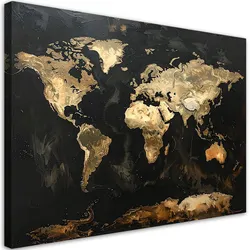 BILD auf Leinwand, Goldene Weltkarte auf schwarzem Hintergrund