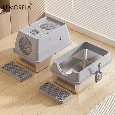 Inspired Finds KEMORELA Extra Large Stainless Steel Litter Box With Lid, High Sided Enclosure And Scoop dark Grey