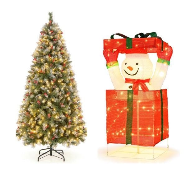 Costway Kerstboom met Ingebouwde LED-verlichting en Kerstdecoratie met Verlichte Sneeuwpop