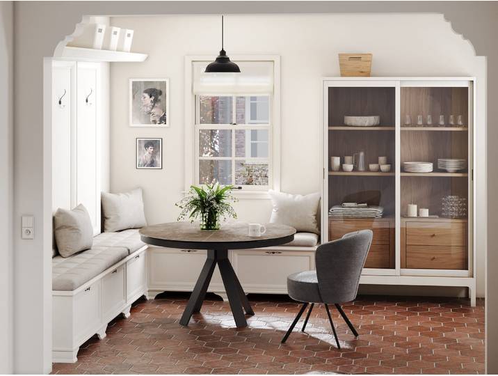 Ausziehbarer Designer Esstisch „Chanterelle“ 130-180 x 130 cm Keramik Zementgrau Akante Design
