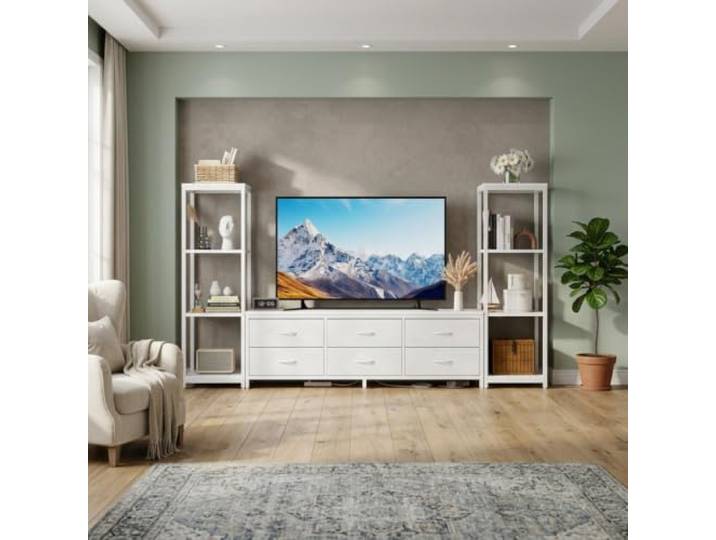 WEJIUAFB Fernsehschrank Modular Bis 75 Zoll Mit Stauraum & Metallrahmen TV-Schrank mit 6 großen Schubladen und 8 offenen Ablagefächern， flexibel aufstellbar, 150,1 cm langer Tischplatte