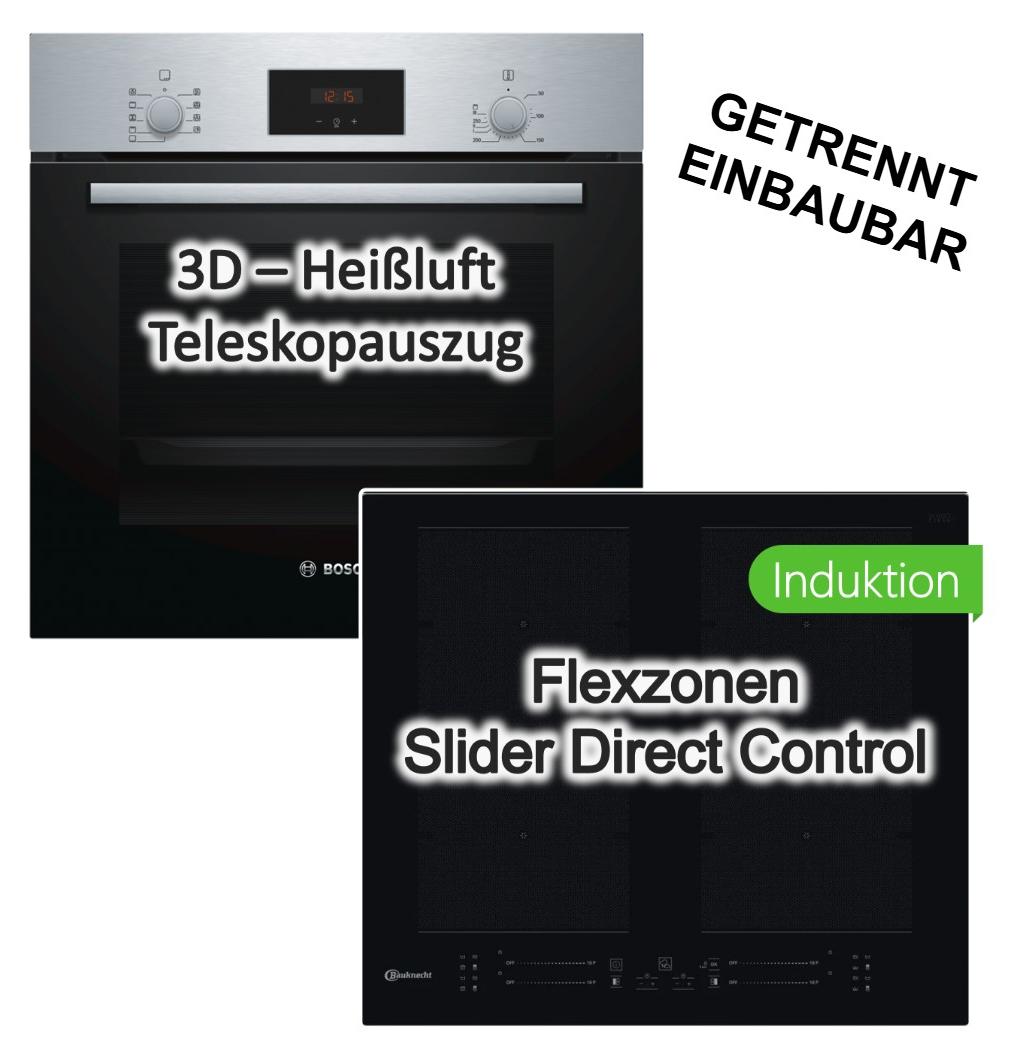 HERDSET Bosch Backofen 3D Heißluft Teleskopauszug+ Bauknecht Kochfeld Flex 4x Induktion 2x FlexSpace 60cm 4fachTouchSlider