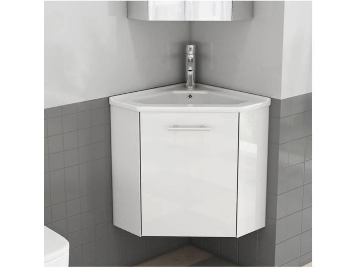 MEUBLIV Meuble sous vasque d'angle blanc brillant avec vasque céramique livré monté poignées métalliques