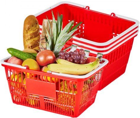 Vevor Boodschappenmand, 4 stuks, 21 L, Rood, Stapelbare kunststof mand met handvatten
