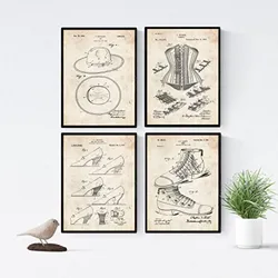 POSTER Set mit 4 Jahrgang Mode Patenten A4 Schwarzer Rahmen