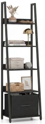 Costway 5-Tier Ladder Bookshelf with Fabric Drawer for Living Room and Home Office-Black