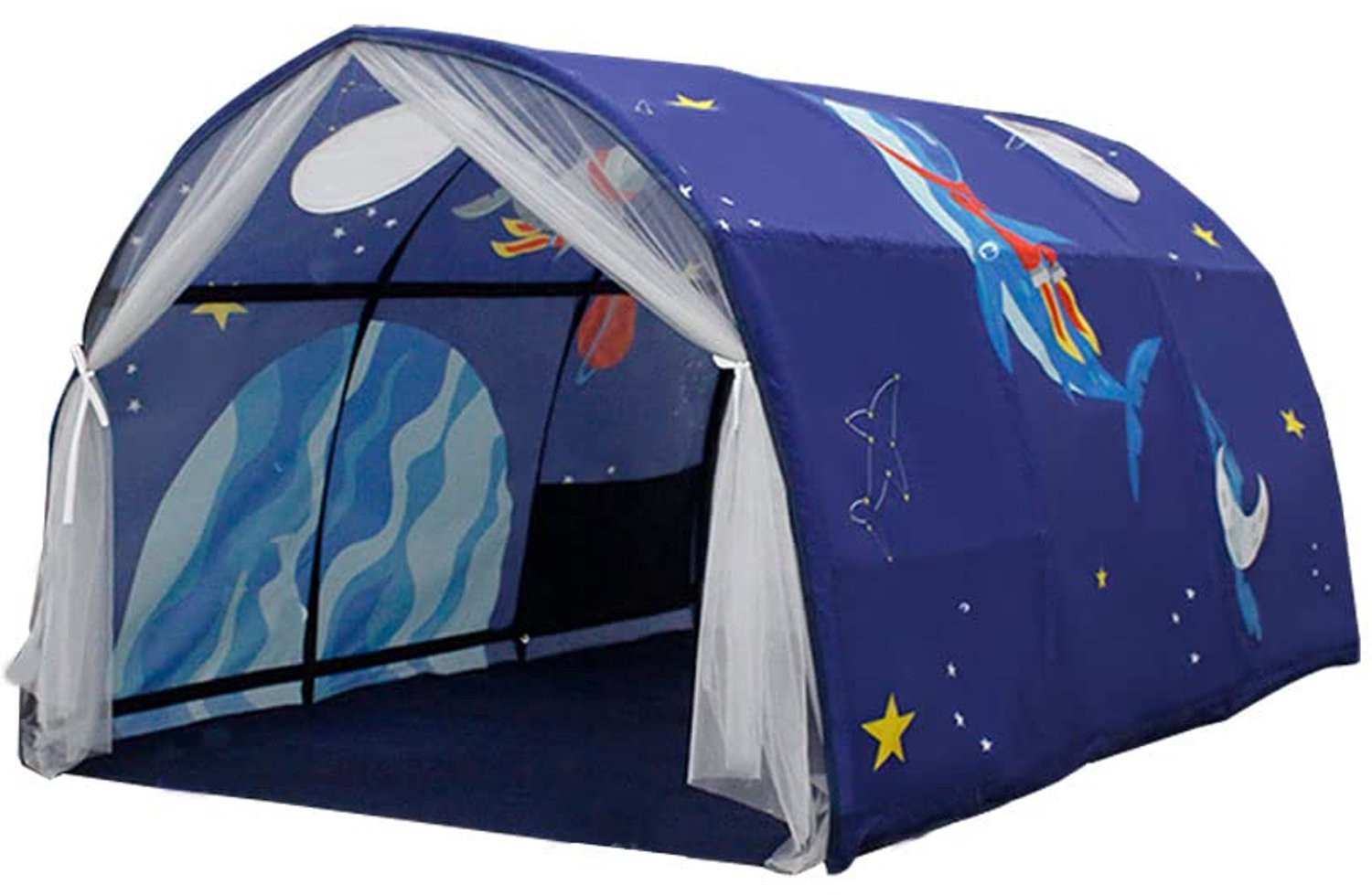 SnelShoppen Kindertunnel met netgordijn voor hoogslaper en speelbed, Blauw, Breedte: 100 cm