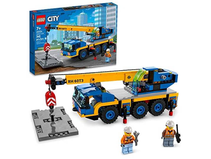 LEGO City Mobile Crane 60324 Building Kit; Toy Construction Vehicle with Working Boom, Outriggers and Winch System; Includes Driver and Worker Minifigures; for Boys and Girls Aged 7+ (340 Pieces)