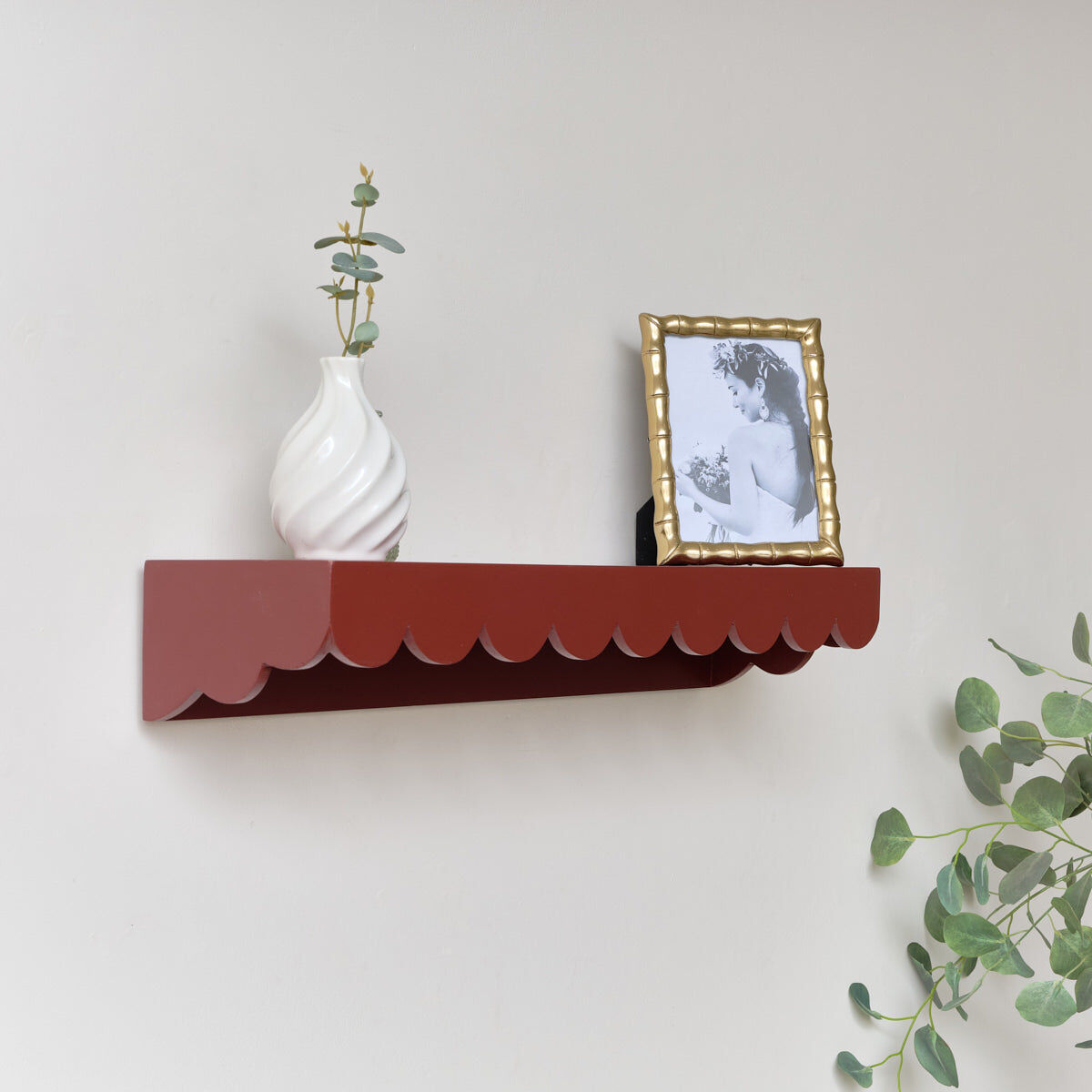 Large Oxblood Dark Red Scalloped Wall Storage Shelf - 61cm Wood, Metal