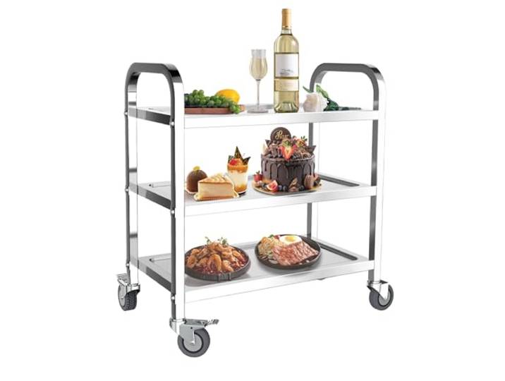 MOOTACO Küchenwagen mit 3 Etagen, Edelstahl, 75 x 40 x 83,5 cm, großer Servierwagen mit Feststellrädern für Küche, Hotels, Restaurants