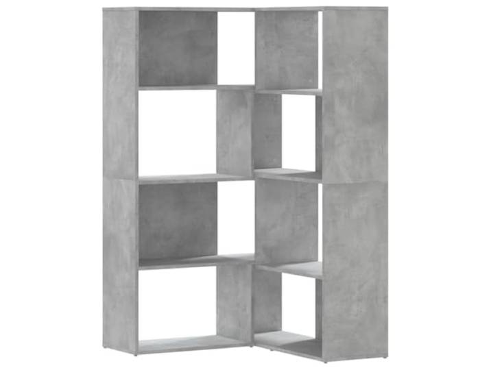 Eckregal mit 4 Ebenen, Holz, Ingenieurwesen, Grau, Beton, 85 x 85 x 140 cm Feuchtigkeitsbeständiges Holz, Wandbefestigung inklusive, 2 Montagemöglichkeiten, kompaktes Regal für kleine Räume