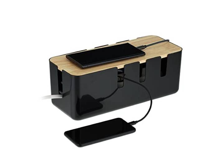 Relaxdays Boîte Cache-câbles\, pour 2 multiprises\, Couvercle en Bois\, Plastique\, HLP : 11\,5 x 30\,5 x 12\,5 cm\, Noir