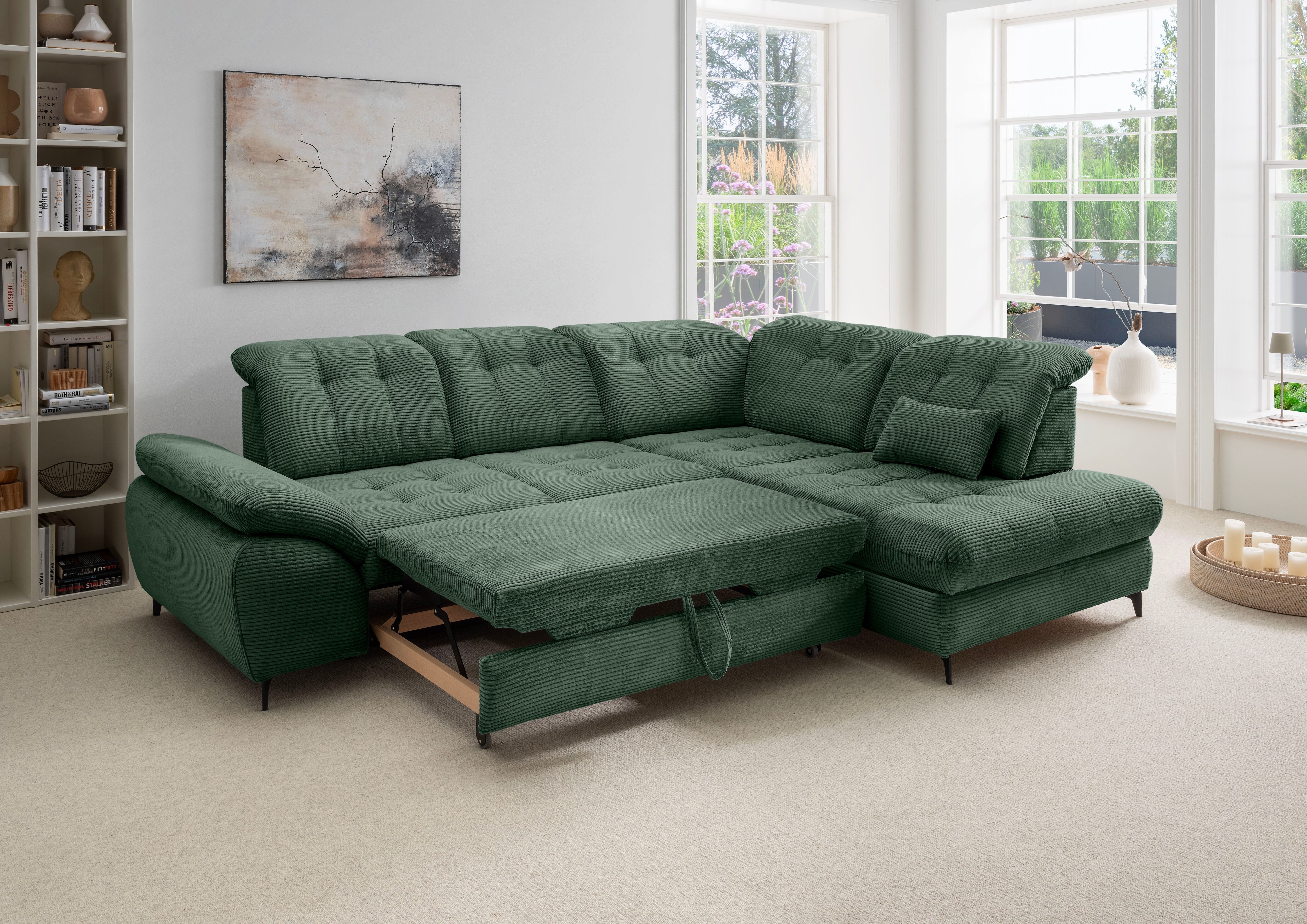 Ecksofa OTTO HOME "Delphino modern & bequem, Multifunktionen: Bettfunktion, 288cm", grün (silber, zierkissen silber), B:288cm H:94cm T:216cm, 93% Polyester, 7% Polyamid, Sofas, Ecksofa, zwei verschiedene Fußfarben wählbar