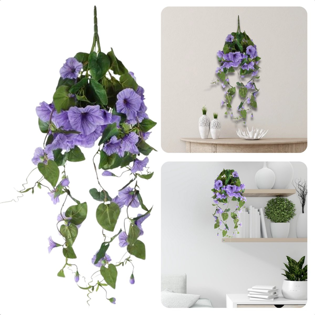 Cheqo Hangende Kunstbloem Petunia - Paars Groen - Decoratieve Kunstplant voor Interieur