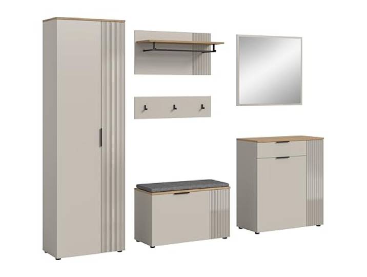 xonox.home - Garderobenkombination Slide 6 TLG. 250x190x36 cm in Korpus Kaschmir und Evoke Oak Nachbildung - Garderobenschrank Garderobenmöbel Flurmöbel-Set Flursystem Stauraumlösung