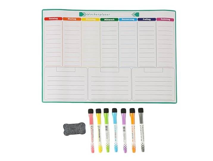 Relaxdays Planificateur hebdomadaire pour réfrigérateur\, effaçable\, A3\, marqueur\, tableau magnétique\, blanc/coloré