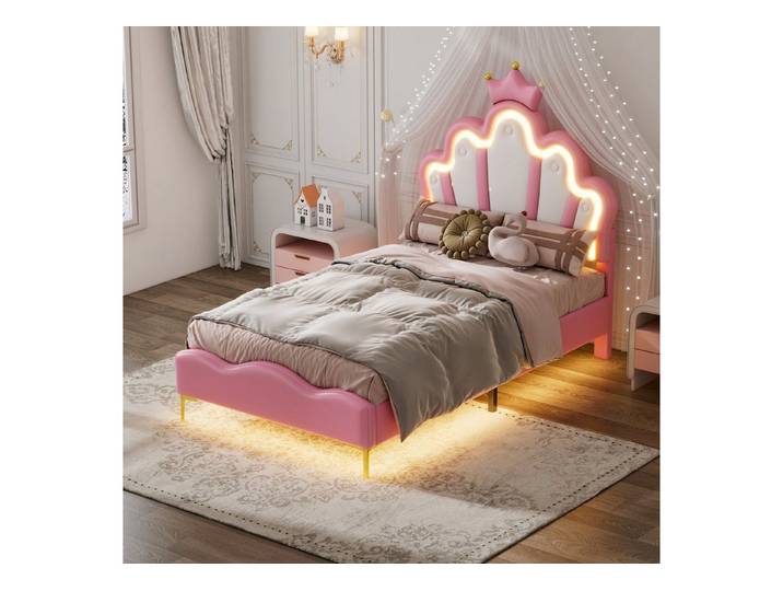 Ulife Polsterbett LED Kinderbett Einzelbett mit krone-Form Prinzessinnenbett, verstellbarer LED-Umgebungslichtstreifen,90*200cm