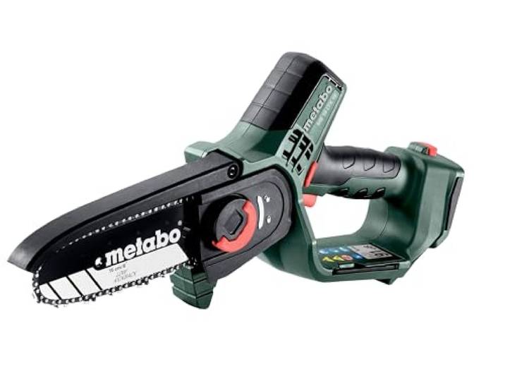 metabo MS 18 LTX 15 Scie de Jardin sans Fil 18 V\, Longueur de Coupe 15 cm Mini tronçonneuse portative légère\, vitesse de chaîne 5 m/s\, idéale pour élagage\, livrée avec metaBOX\, sans batterie