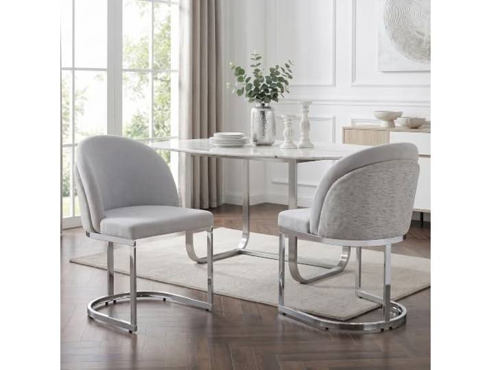 DUlVBPE 2 Esszimmerstühle, bequem und atmungsaktiv, geeignet für Restaurants, Wohnzimmer, Cafés und andere Orte, moderner Stil, Silber galvanisierte Stuhlbeine, Chenille-Stoff, Hellgrau + Silber