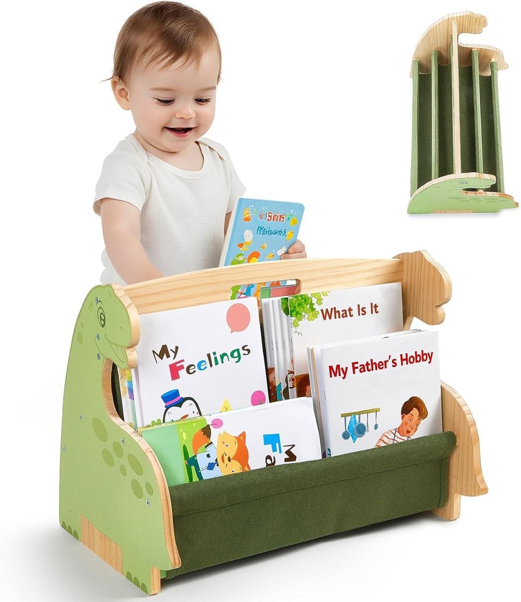 Houten Kinderboekenkast Montessori Stijl met Canvas Vakken