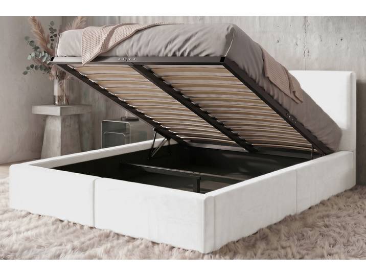 Polsterbett mit Bettkasten Hilton 140x200 cm Weiß - Doppelbett mit gepolstertem Kopfteil & Hebemechanismus