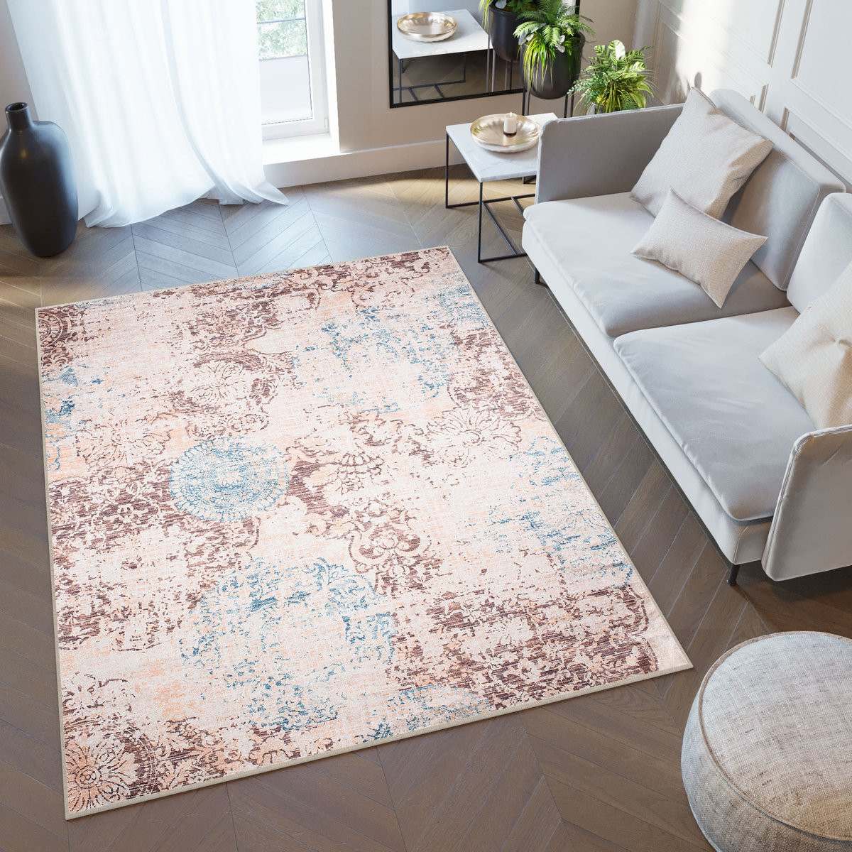 Tapiso Toscana Vloerkleed Vintage Blauw Beige B/D: 140 x 200 cm