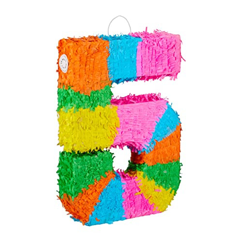 Relaxdays Pinata Verjaardag Cijfer 5, Kleurrijk, Papier