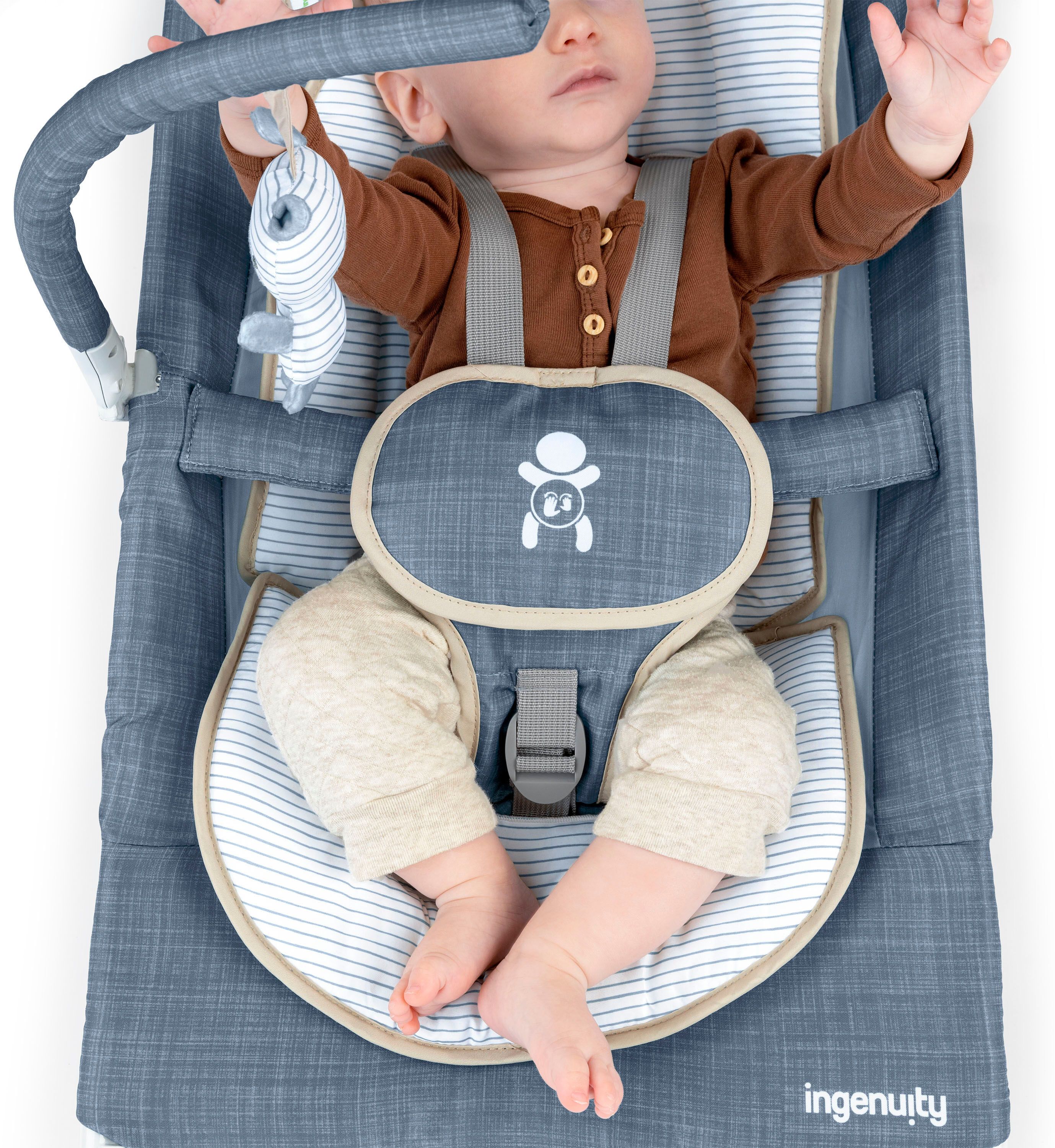 Babywippe INGENUITY "Happy Belly™ Rock-to-Bounce Massage Seat - Chambray", Baby, blau, Kunststoff, Metall, Stoff, Babywippen Babywippe, mit Melodien und Geräuschen