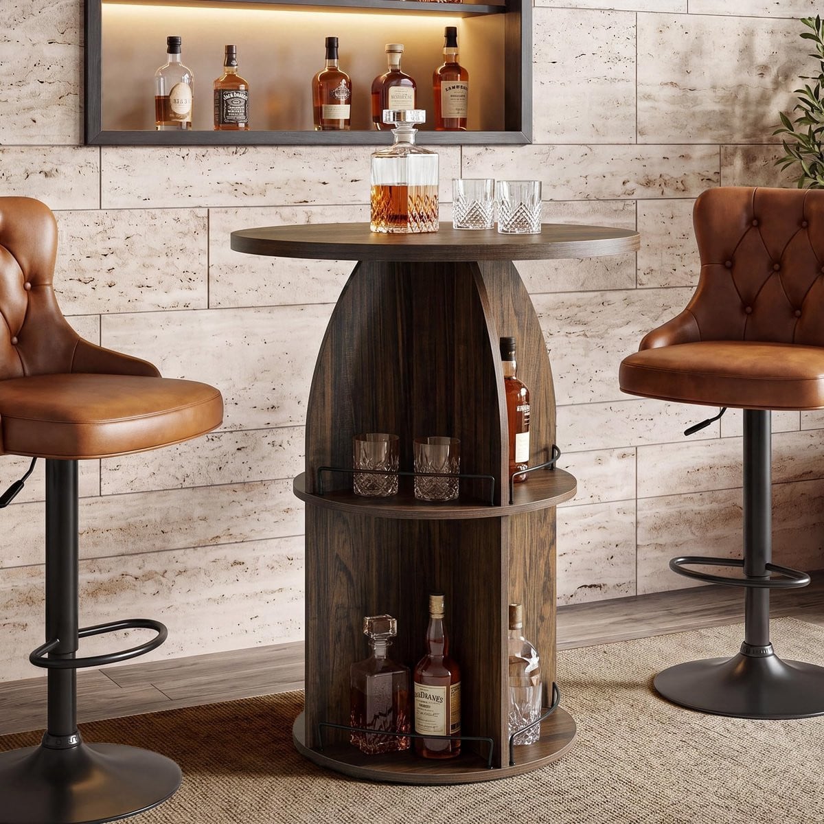 LITTLE TREE Ronde Bartafel met Drielagige Opbergruimte - Rustiek Hout - Bruin - B/D/H: 80 x 80 x 95 cm
