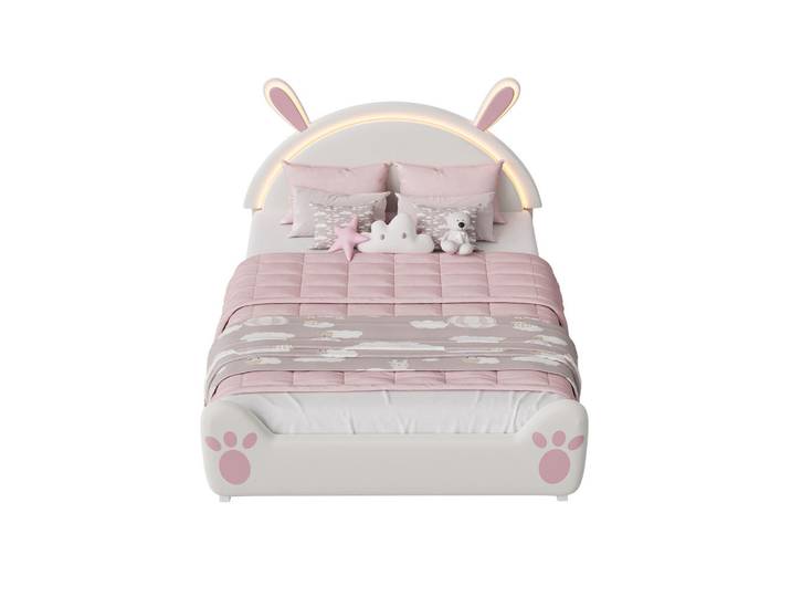 Polsterbett 140x200cm Hasen-Design, LED-Kopfteil, PU-Bezug, Pink, Holz, Schlafzimmer, Betten, Polsterbetten