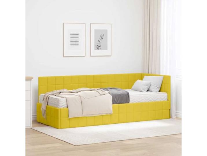 HFMDRMU Samt-Eckbettgestell Gelb mit Matratze und wandmontiertem Kopfteil, mittelfeste Schaumstoffmatratze, stabiles Sperrholzgestell, modernes Design für erholsame Nächte