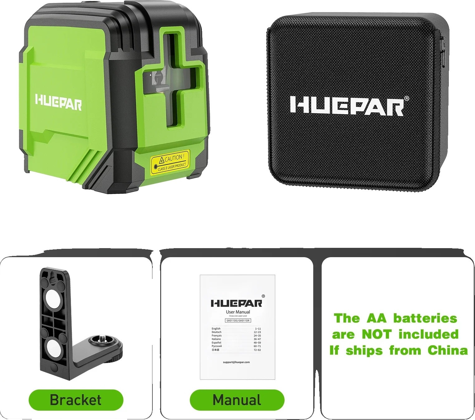 Huepar laserwaterpas GK011DG met groene straal en hoge precisie ±3mm/10m