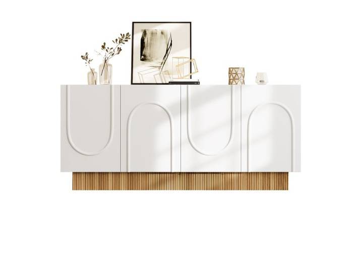 Buffet bas - Buffet moderne blanc et bois - 4 portes - 160x75x38 cm - Façade mate