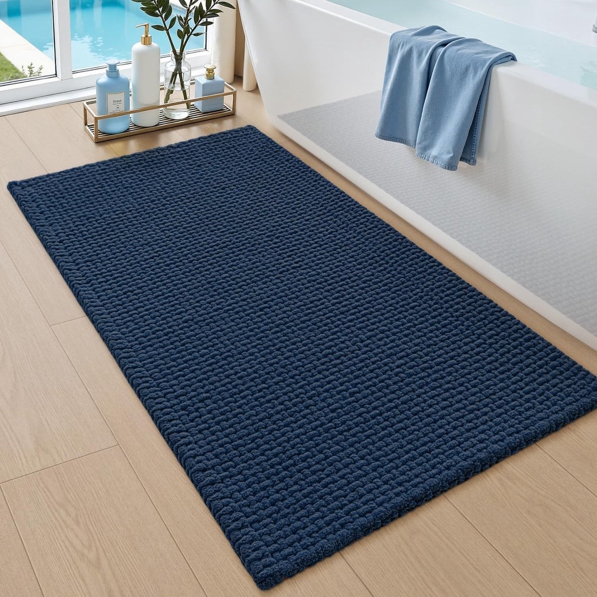 Blauwe Chenille Badmat 60 x 90 cm, Absorberend en Antislip Badkamerkleed