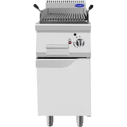 Gas-Lavasteingrill aus rostfreiem Stahl. Piezoelektrische Zündung. Reste-Schublade. Leistung 7 kW. Abmessungen LxBxH 40x70x108,5 cm. AT7G4CM-F